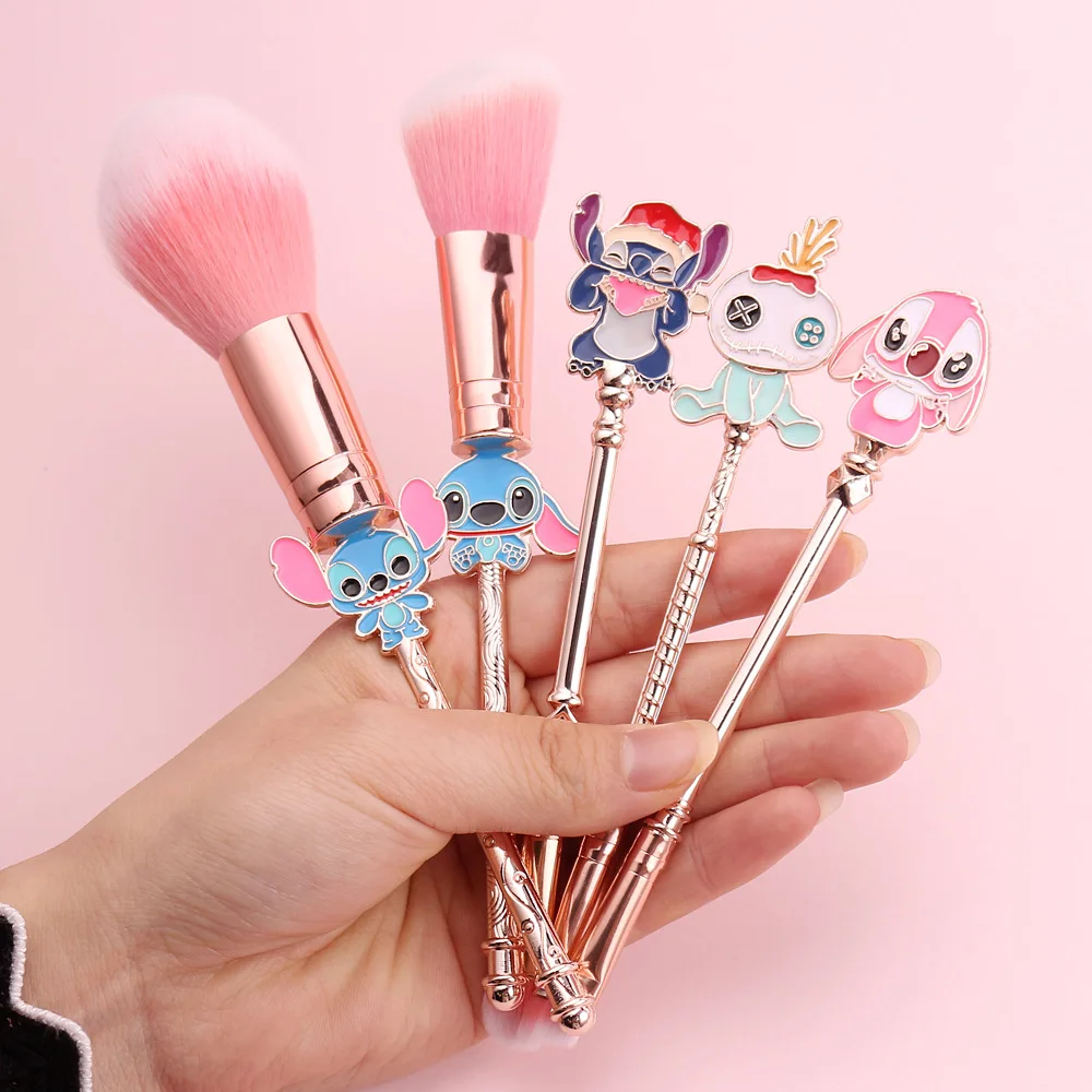 

5 Pieces A Set Disney Stitch Cute Women Fashion Eyeshadow Foundation Blush Brush Set Pink Soft Makeup Brush Tools