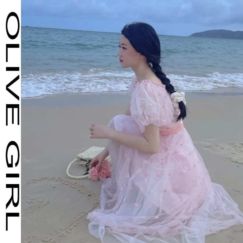 

Pink Elegant Sweet Dress Korean Pretty Dress Female Princess Designer Beach Fairy Dress Summer 2021 Women Kawaii Floral Casual