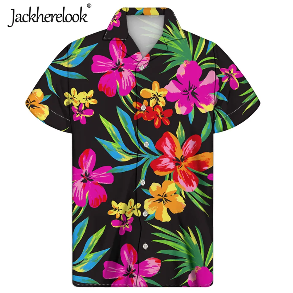 Jackherelook Гибискус Цветочный принт Гавайский пляжный Для мужчин рубашка короткий