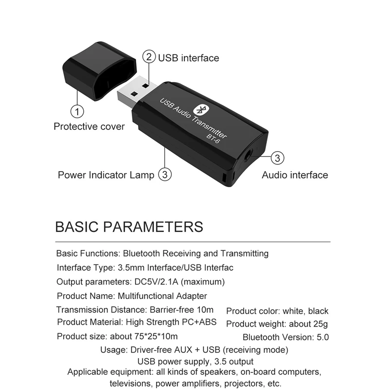 

USB Bluetooth 5.0 Receiver 3.5mm Jack HIFI Stereo Audio Adapter for TV PC Speakers