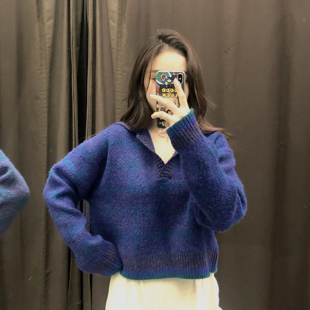 

Checked POLO neck knit top