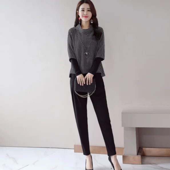 M 5xl размера плюс черные комплекты из двух предметов женские полосатые водолазки