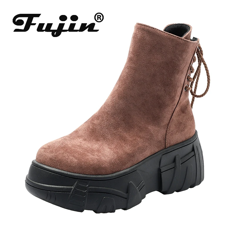 Fujin/осенние женские короткие ботильоны из флока на толстой подошве Кожаные