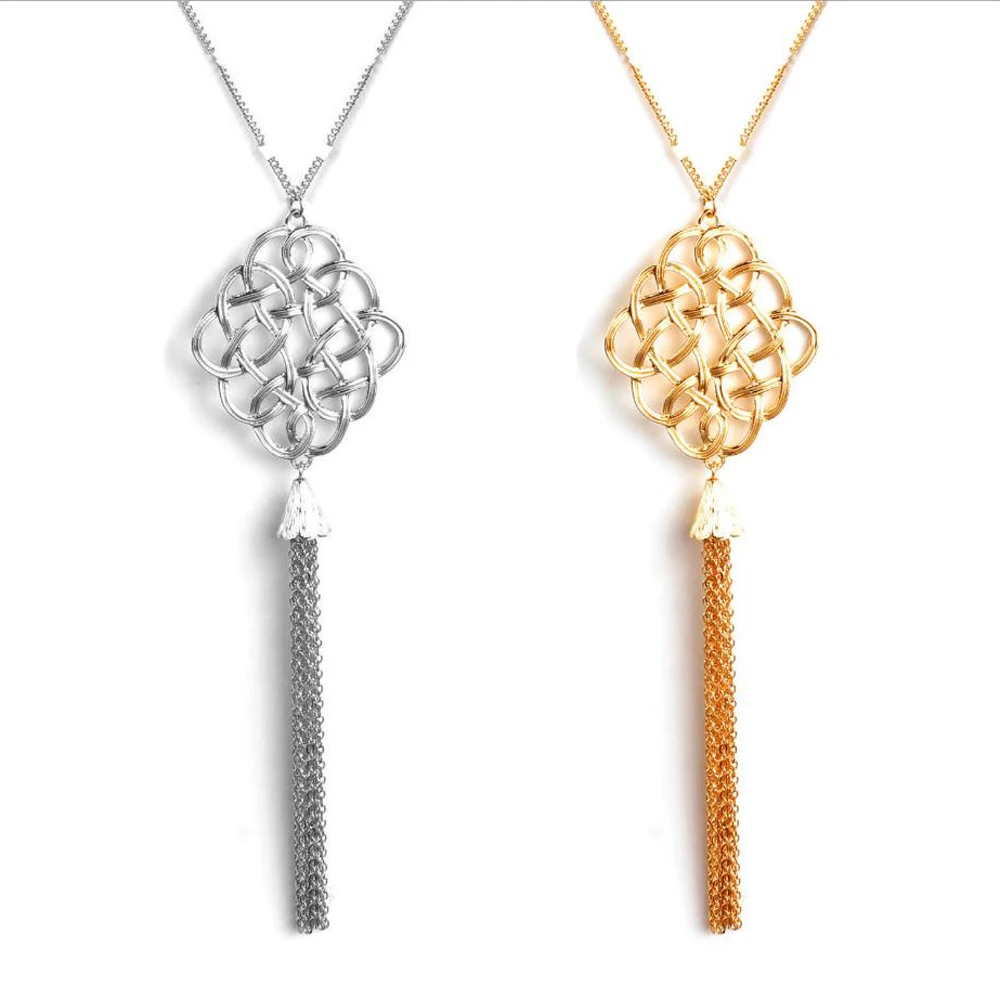 Длинное ожерелье с подвеской на свитер Ирландский Узел кисточкой серебряный