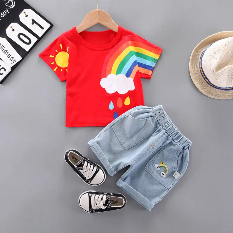 

Children Summer Cotton Baby Boys Girls Clothes Sport T Shirt Rainbow Denim Shorts Jeans 2Pcs/Sets Leisure Kids Toddler Tracksuit