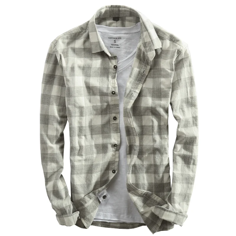

C806 Spring And Autumn Vintage China Style Classic Plaid Cotton Long Sleeve Blue Shirt Male Casual Slim Fit Shirt Import Clothes