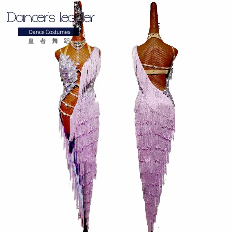 

High-end custom Latin dance dress light purple long tassel flash diamond dance skirt female adult competition costume