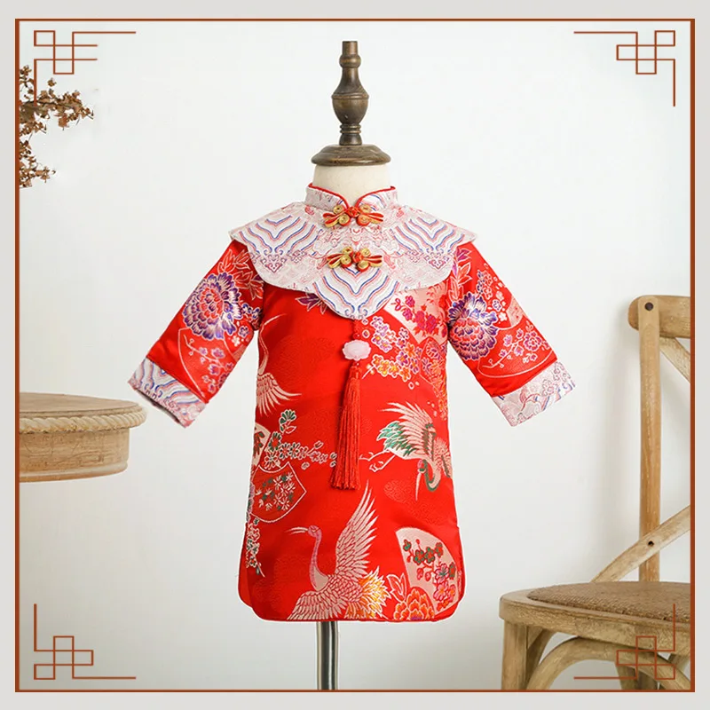 Children New Year Outfits Chinese Lovely Embroidery Party Dress Mandarin Collar Kids Traditional One Year Old Birthday Clothing