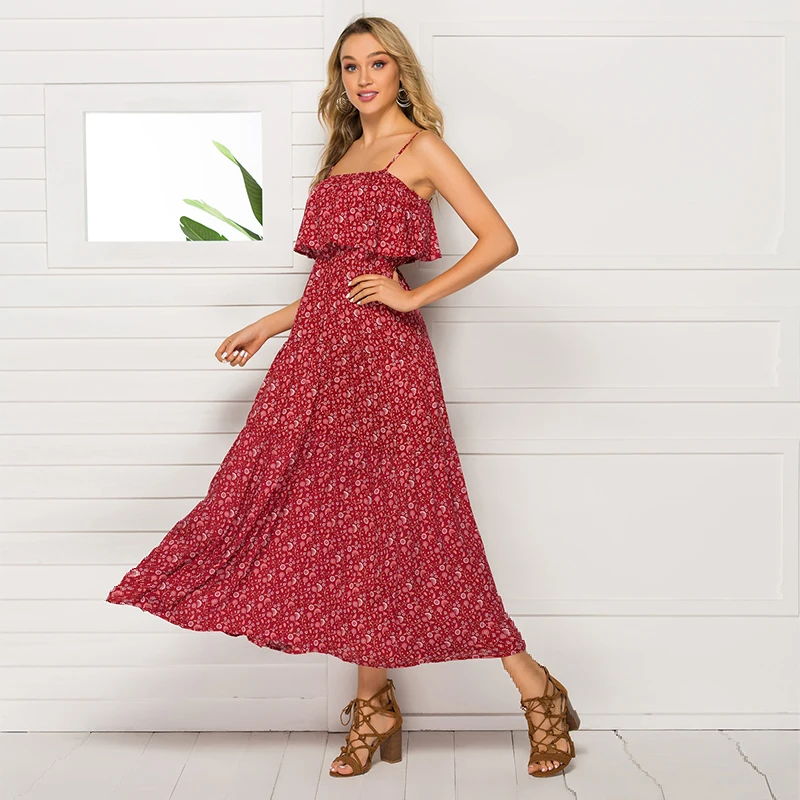 

2021 Ruffles Bohemian Dresses for Women Fashion Floral Backless Summer Long Maxi Dress ladies Sexy Spaghetti Beach Dress