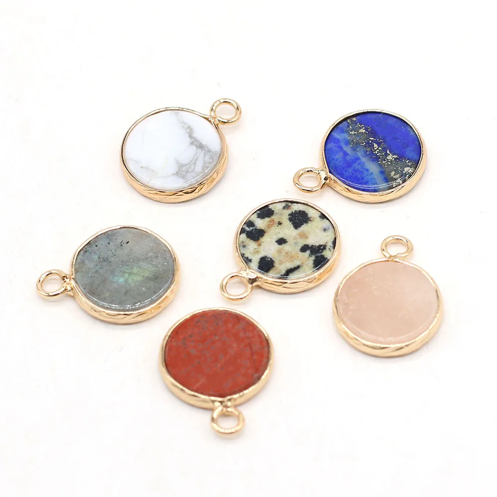 

Natural Stone Gold Round Pink Blue Crystal Quartz Pendant Wholesale Charms for Earrings Necklace Dangle Jewelry Making 23x48mm