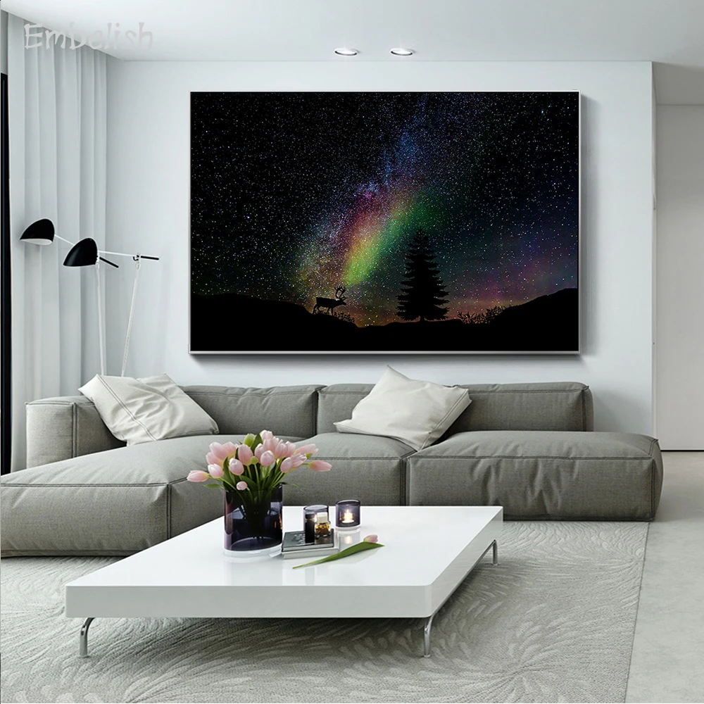 

1 Pieces Starry Sky And Animals Deer Landscape Wall Art Posters For Living Room Home Decor HD Canvas Bedroom Paintings