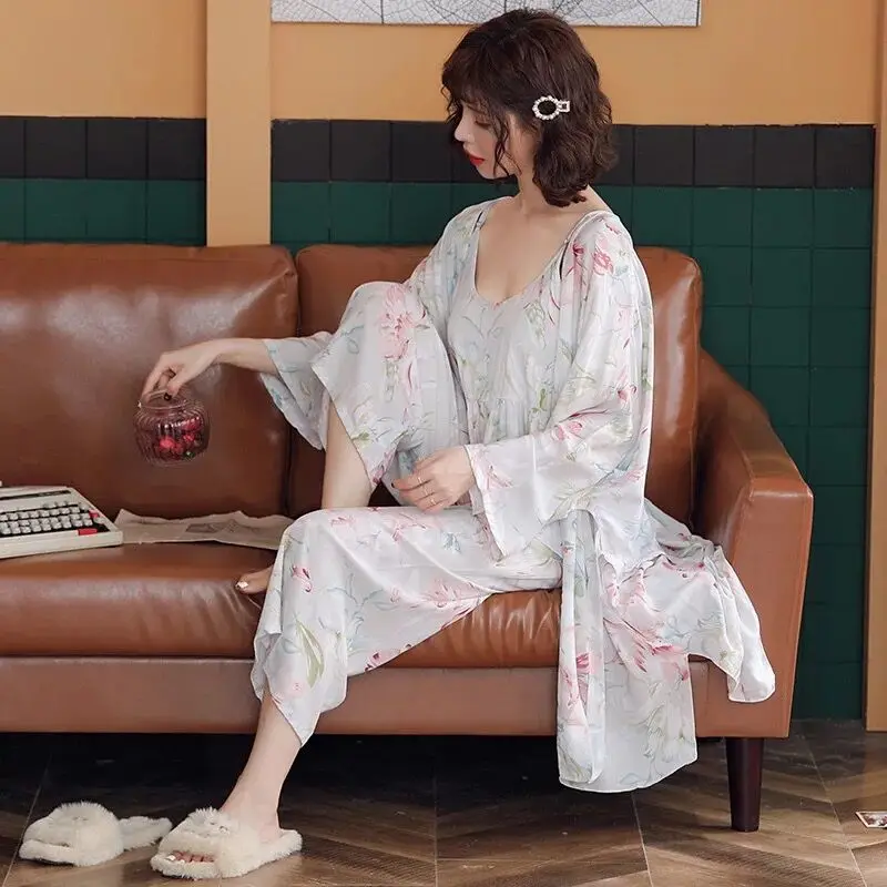 

New Autumn Ladies Pyjamas Cardigan+Vest+Pants 3 Pcs Set Floral Printing Sleepwear Elegant Soft Home Clothes Women Pajamas Sets