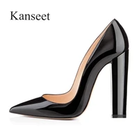 kanseet thick high heels womens shoes party dress office ladies footwear elegant pointed toe slip on shallow black woman pumps