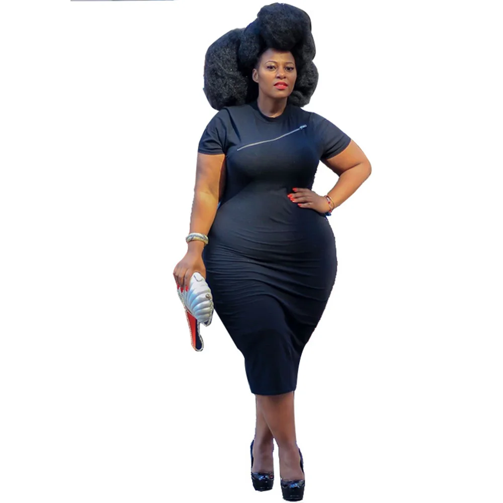 

Plus Size Dress Round Neck Short Sleeve Zippers Sexy Dresses Black High Waist Bag Hips A-line Office Lady Bodycon Dresses Street