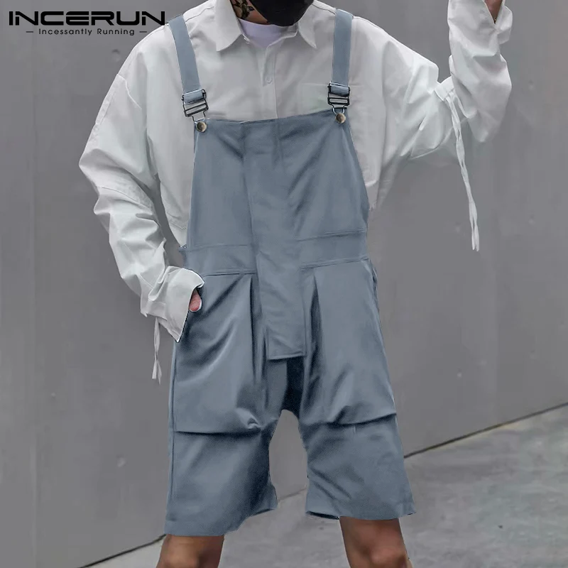 

Summer Men Bib Rompers Solid Color Pockets Streetwear Casual Jumpsuits 2021 Loose Fashion Suspenders Overalls Men S-5XL INCERUN