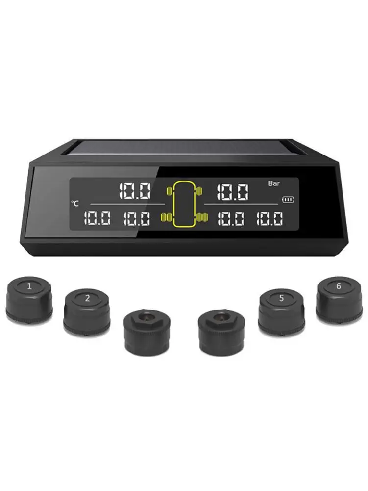 

USB Solar Wireless Tire Pressure Monitoring System TPMS 6 External Sensors Replaceable Battery LCD Display For 6-wheel Truck Bus