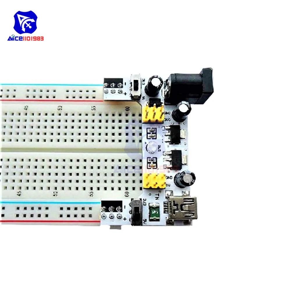 Фото Diymore MB-102 830, макетная плата без пайки + 65 шт. кабелей перемычки + Модуль блока питания, полный комплект для Arduino №3