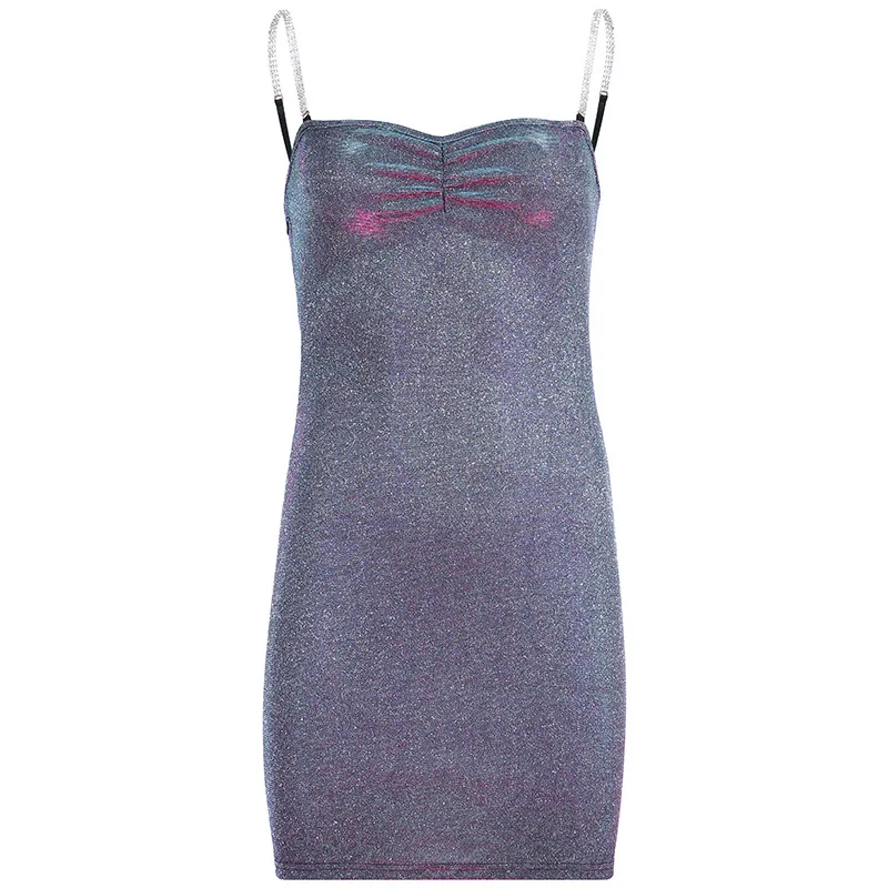 Женское блестящее платье на бретелях Сексуальное Серебряное облегающее мини с