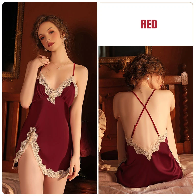 

Women's Nightdress Sexy Deep V Imitation Silk Splicing Lace Suspender Nightdress Home Dress Women