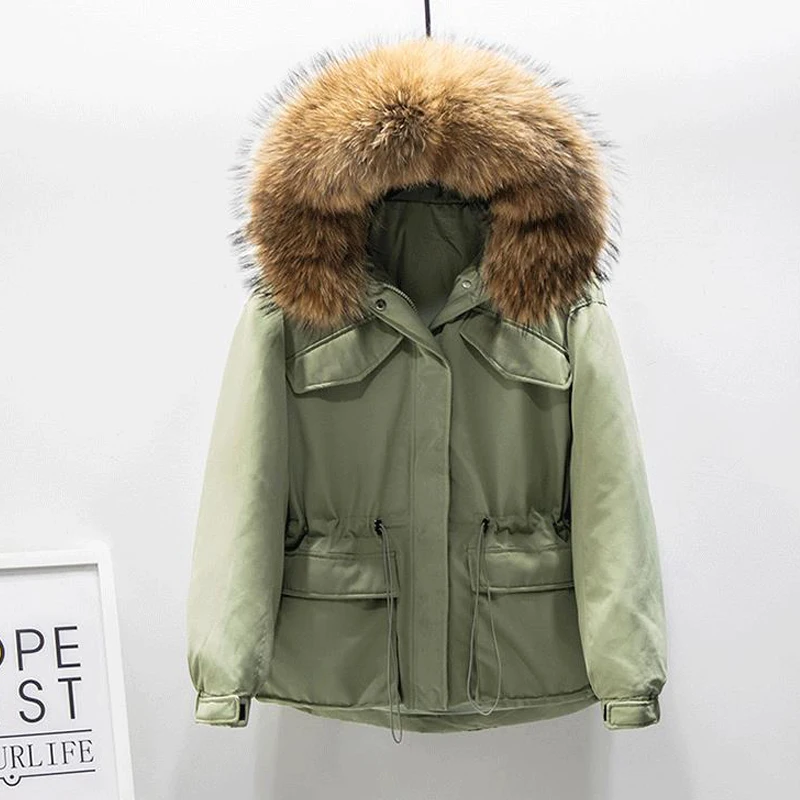 

Janveny Short Puffer Jacket Winter Women's Down Jacket Large Natural Raccoon Fur Hooded 2021 Female Feather Parkas Down Coat