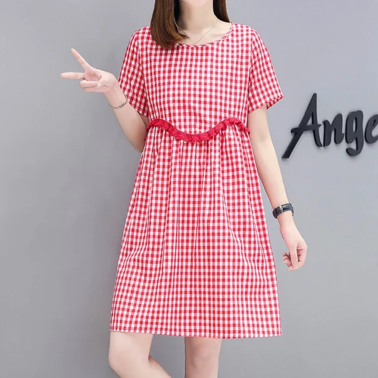

Explosion style 2021 Fashion Casual dress women summer new casual loose mid-length plaid short-sleeved A-line skirt