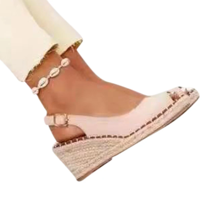 

Women's Sandals Wedges Buckle Strap Large Size 43 Peep Toe Cork Bottom Women Pumps Summer Sewing PU Leather Platform Casual 2021