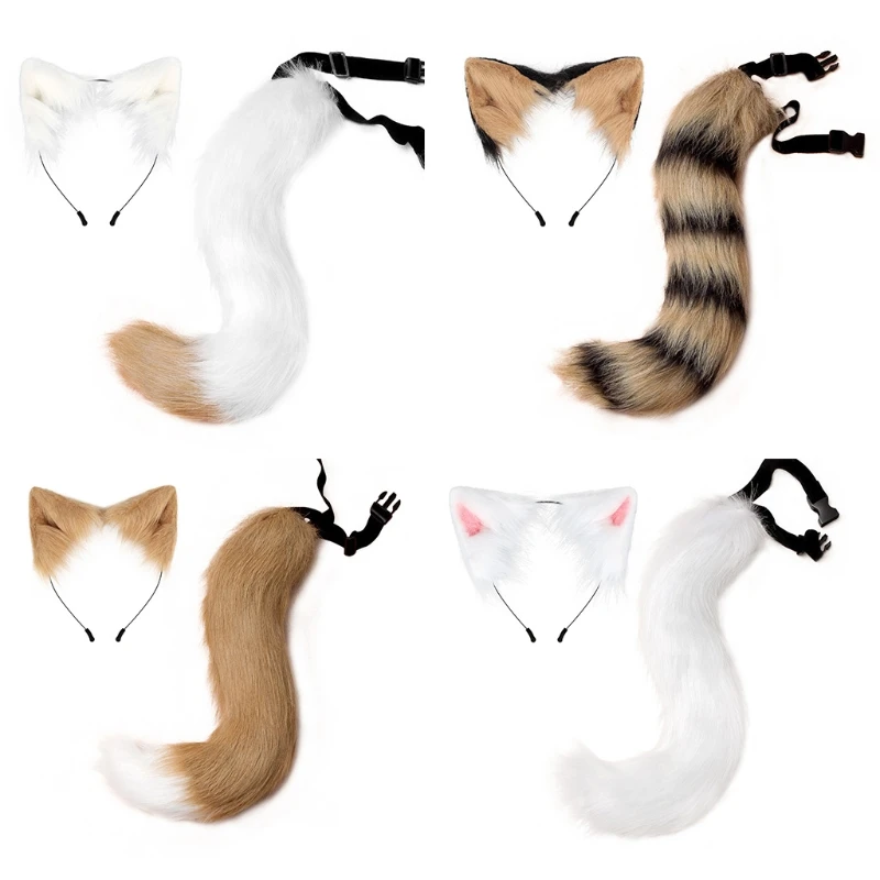 

Plush Headbands Furry Animal Faux Ears Headwear Tail Set Kawaii Hair Hoop for Halloween Cosplay Headpiece Party Supplies