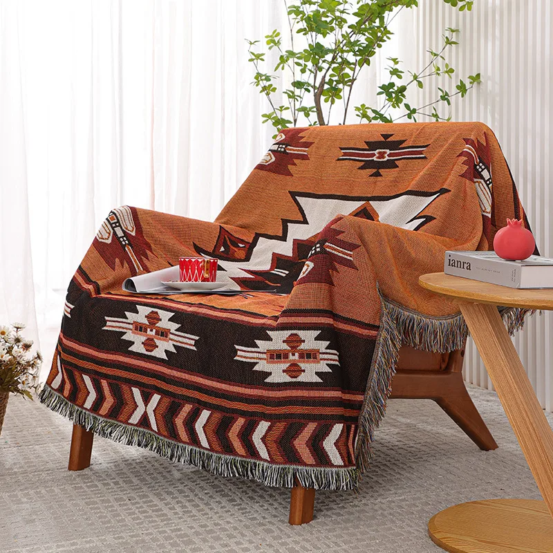 

Одеяло в индийском ретро стиле, Хлопковый вязаный плед для дивана в сельском стиле, геометрический рисунок, подвесной гобелен, для кровати и путешествий