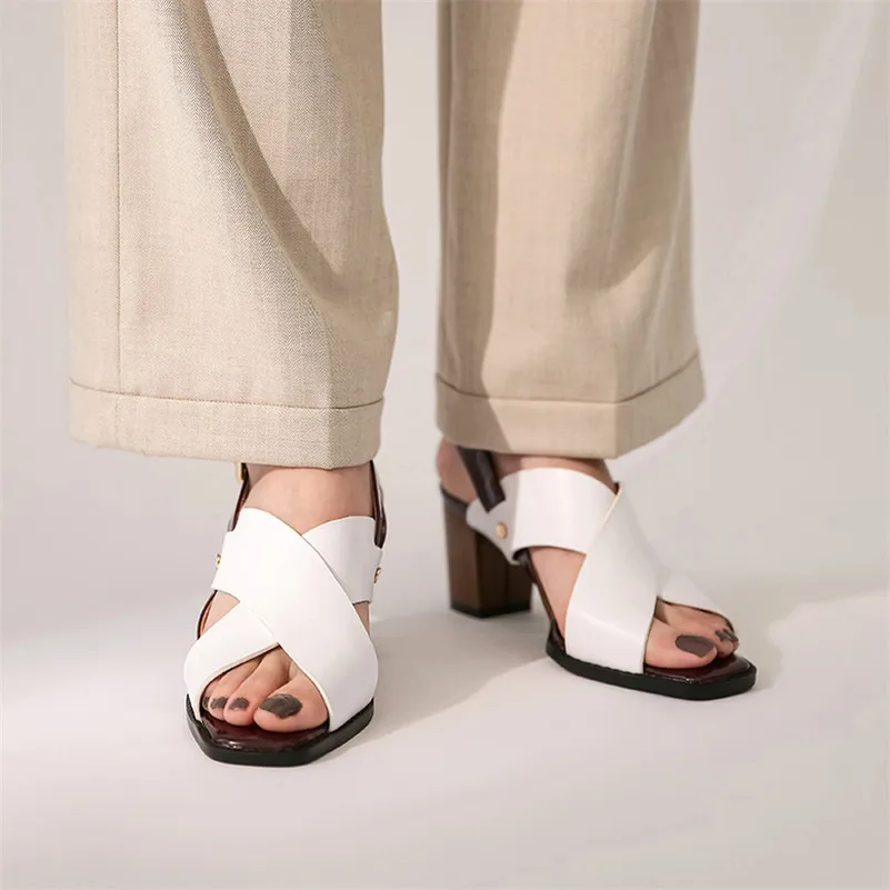 

Meotina Real Leather Shoes Women Sandals Natural Genuine Leather Thick High Heel Shoes Mixed Colors Buckle Sandals Ladies 34-42