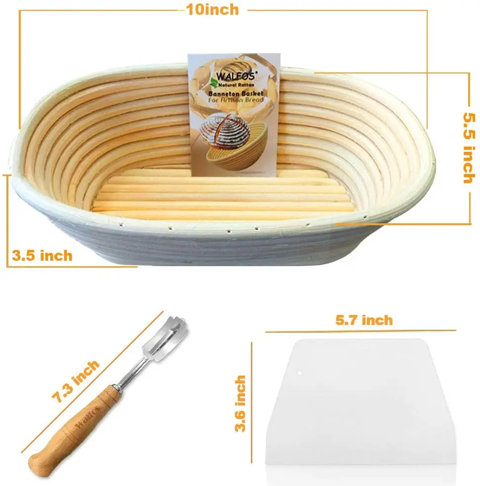 

Walfos 10 inch Oval Banneton Proofing Basket Set - French Style Sourdough Bread Basket, 100% Natural Rattan