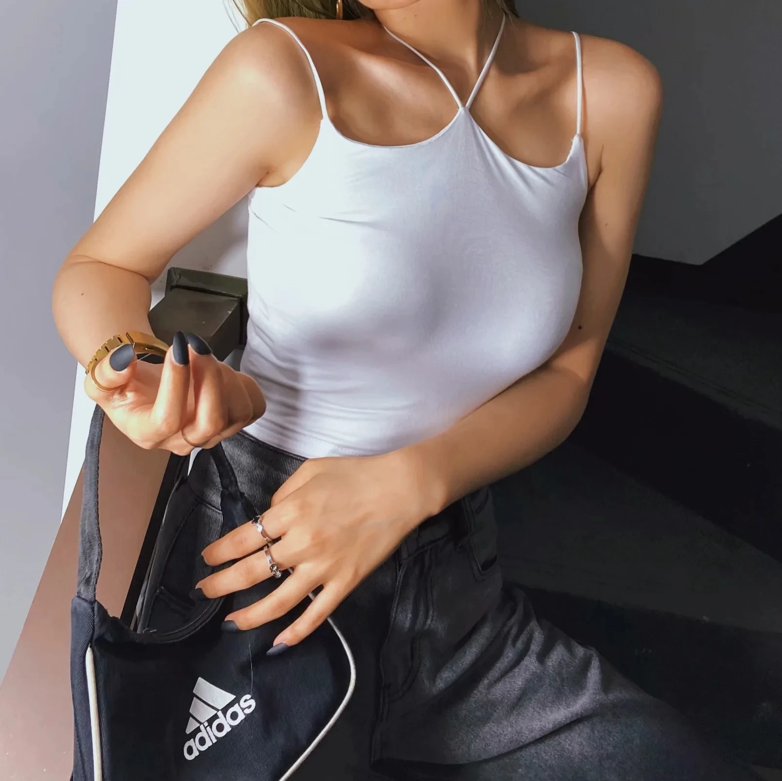 

Suspender vest women's summer back short open navel solid color inside and outside sports sleeveless slim commuter shirt