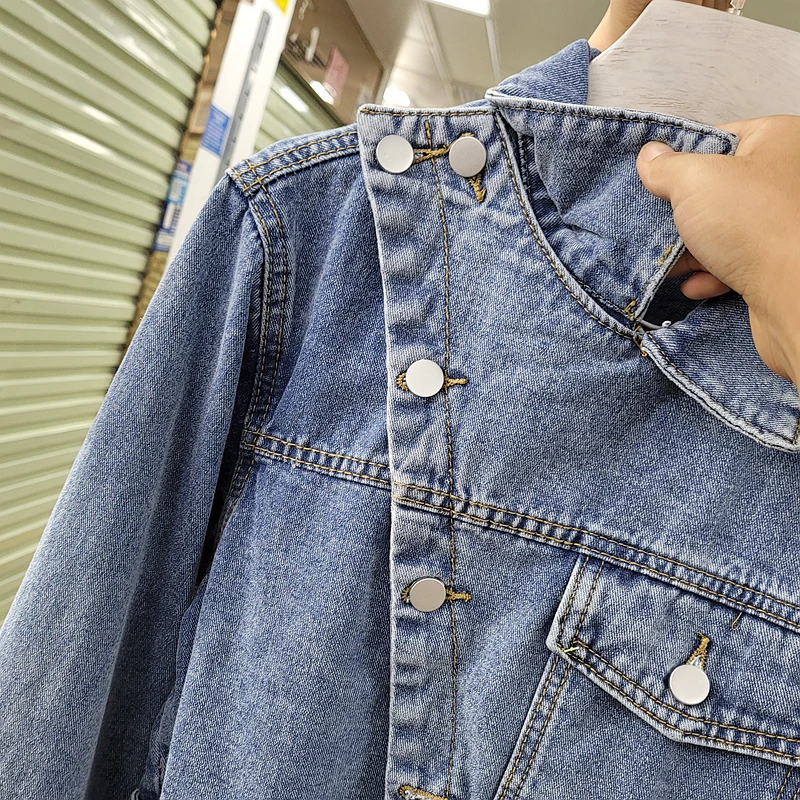 Женская джинсовая куртка с длинным рукавом Короткая синяя в Корейском стиле