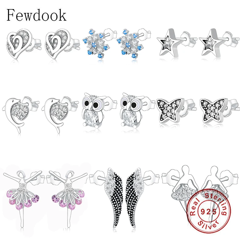 Женские серьги гвоздики из 100% серебра 925 пробы с черным цирконием в виде совы