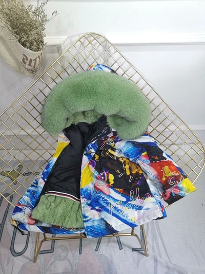 Blue Green Fur Детская зимняя куртка с отделкой из меха, пальто для мальчиков и девочек утепленное пальто из меха кролика с граффити, Детская меховая куртка для девочек, TZ147 - Цвет: Blue Green Fur