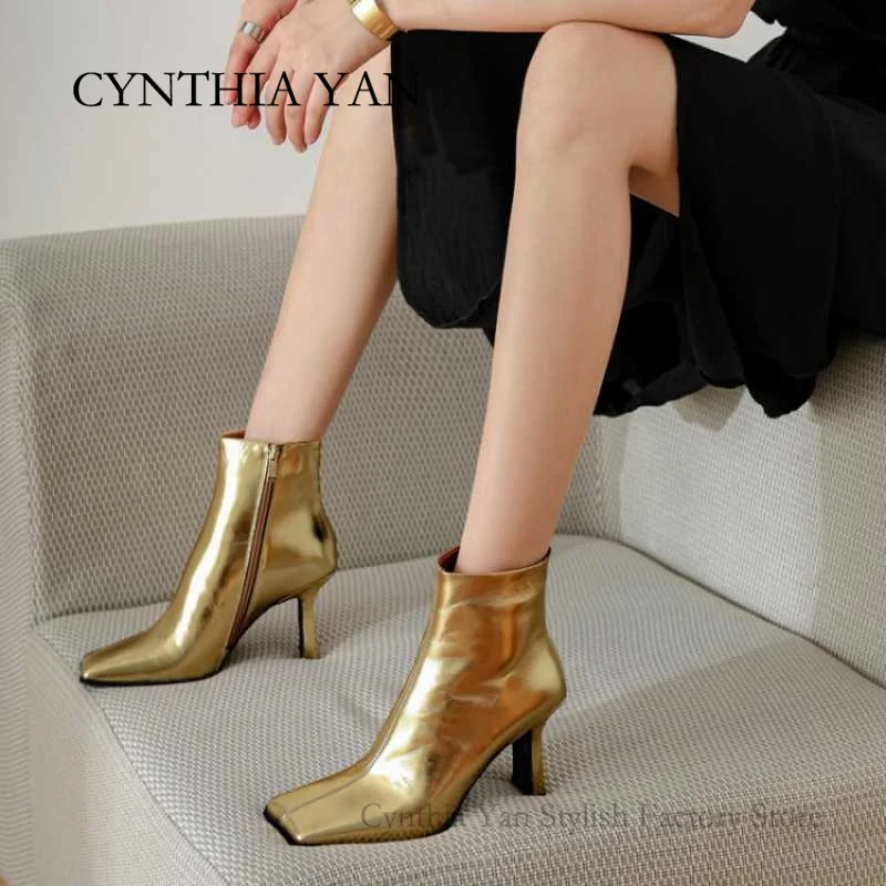 

Женские короткие ботинки из натуральной кожи, ботильоны на толстом высоком каблуке, с квадратным носком, золотистые, серебристые, черные