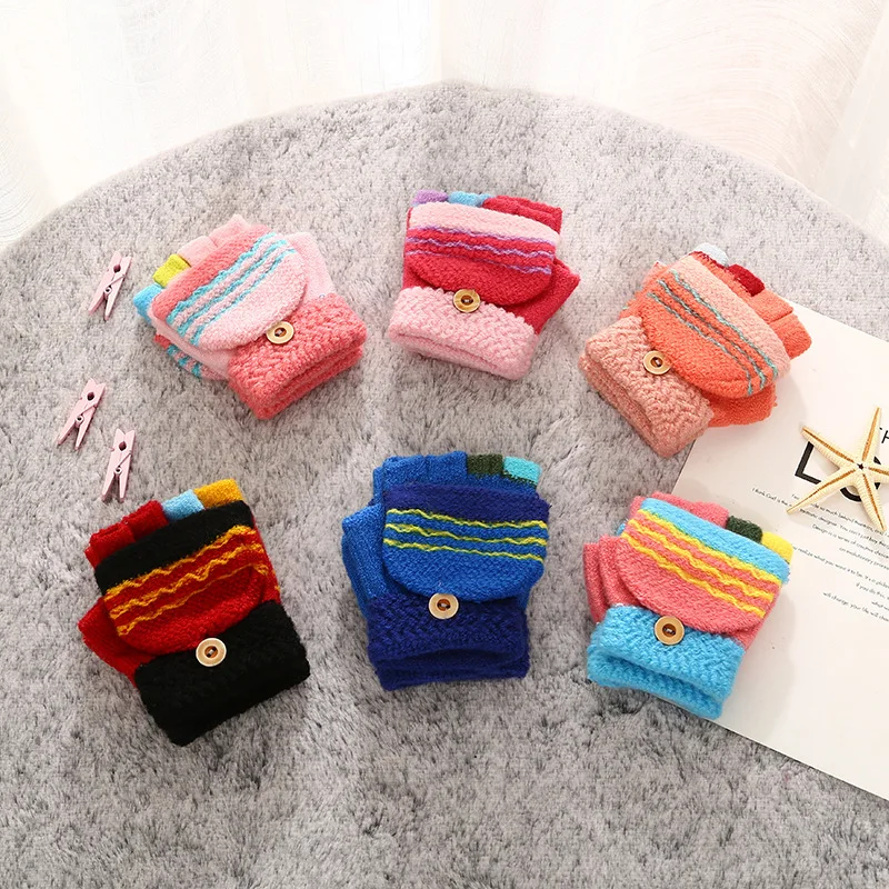 

Детские вязаные перчатки без пальцев, милые детские зимние Утепленные перчатки с откидными пальцами, Мультяшные перчатки, теплая хлопковая...