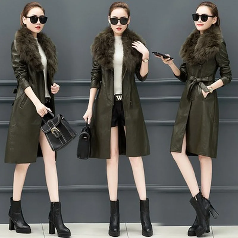 

2021 New Turn-Down Collar Faux Fur Women Long Leather Jacket Female Solid Slim Sexy Long Outwear Coat Tops