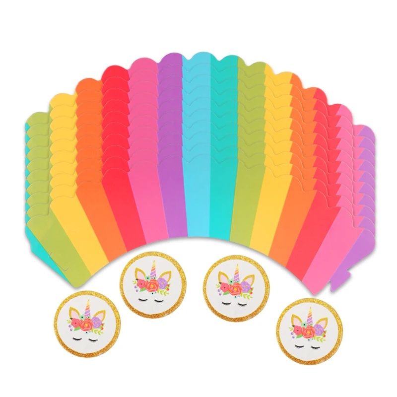 

12set Rainbow Unicorn Theme Paperboard Wrappers Decoration Cake Cupcake Toppers baby shower kids Happy Birthday Party Supplies