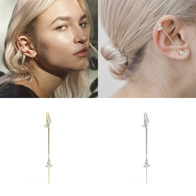 

Aide 925 Sterling Silver Hook Stud Earrings for Women Korean Zircon Rhinestone Diagonal Line Ear Bone Clip Ear Cuff Party Gift