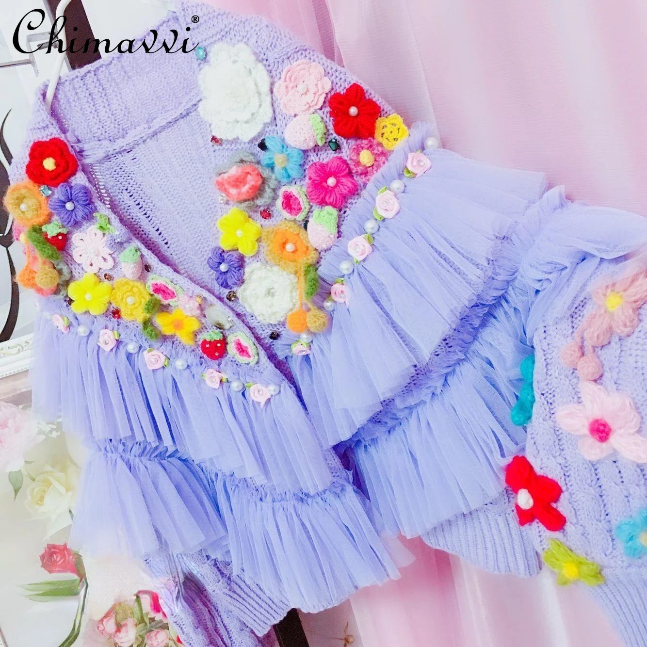 

2021 Autumn Winter New Korean Fashion All-Match Mesh Stitching Flower Cardigan Sweet Cute Elegant Sweater Coat for Women