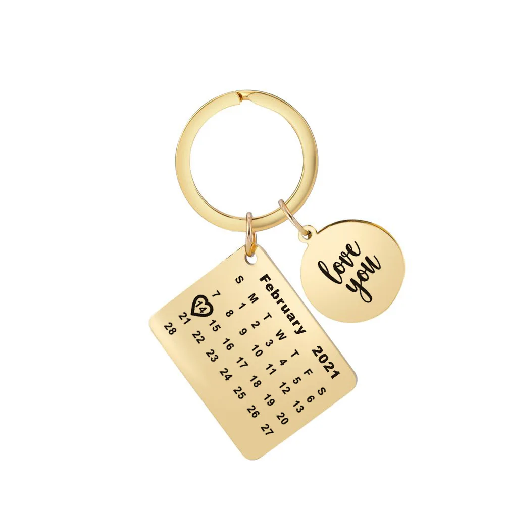 

2021 Valentine's Day Calendar Keychain Stainless Steel Jewelry Engraved Date Keychain for Valentine's Gift Couples Key Ring O3SC