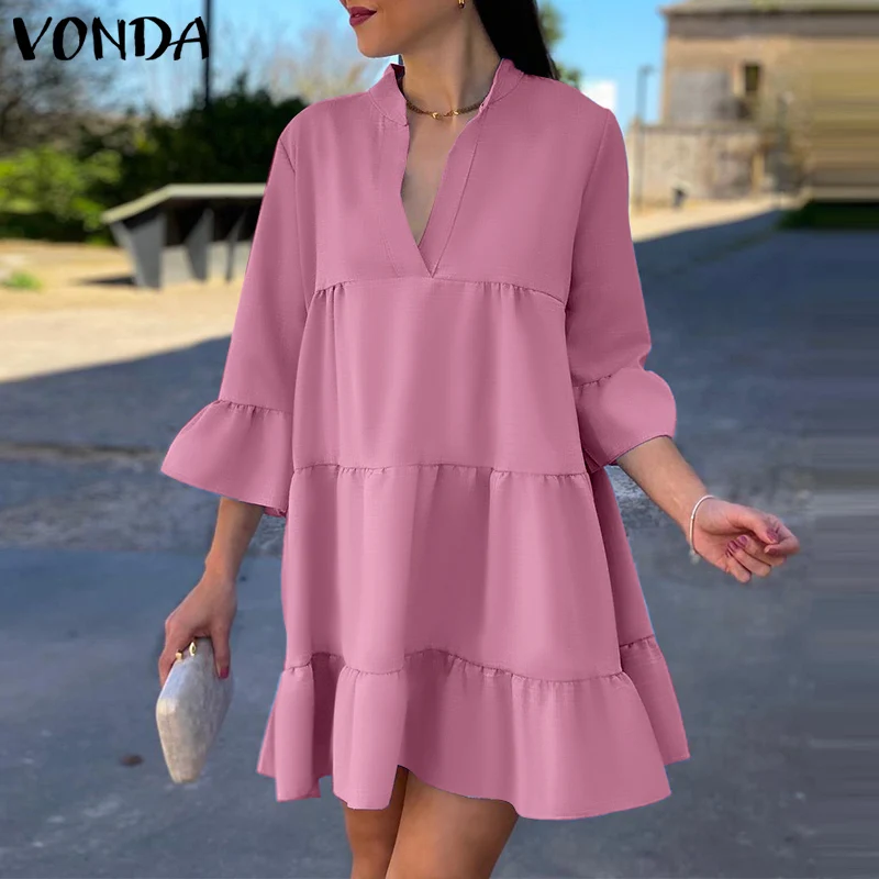 

Женское осеннее мини-платье VONDA, свободное праздничное однотонное платье с рукавом 3/4 и оборками, вечернее платье, сексуальное богемное плат...