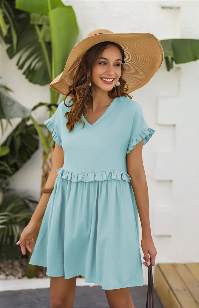 

Basic Solid Green Casual V Neck Women Summer Dress Loose Short Sleeve Elegant Ladies Swing Ruffles Mini Dress 2021
