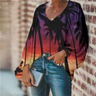 Блузка женская с глубоким вырезом, цветная рубашка с принтом тропического кокосового дерева, свободный Гладкий Шелковый топ с рукавами-фонариками, с V-образным вырезом