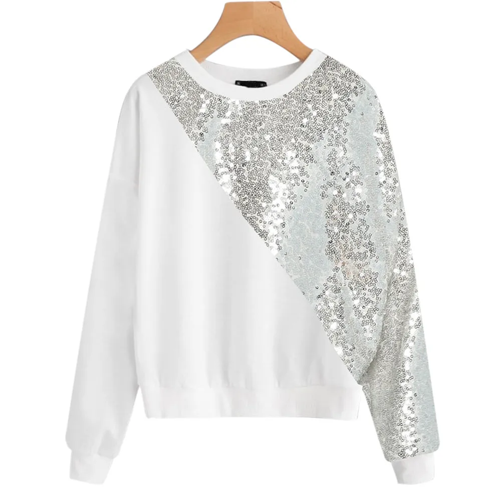 Модная зимняя женская блузка 2019 с блестками цветным блоком круглым вырезом