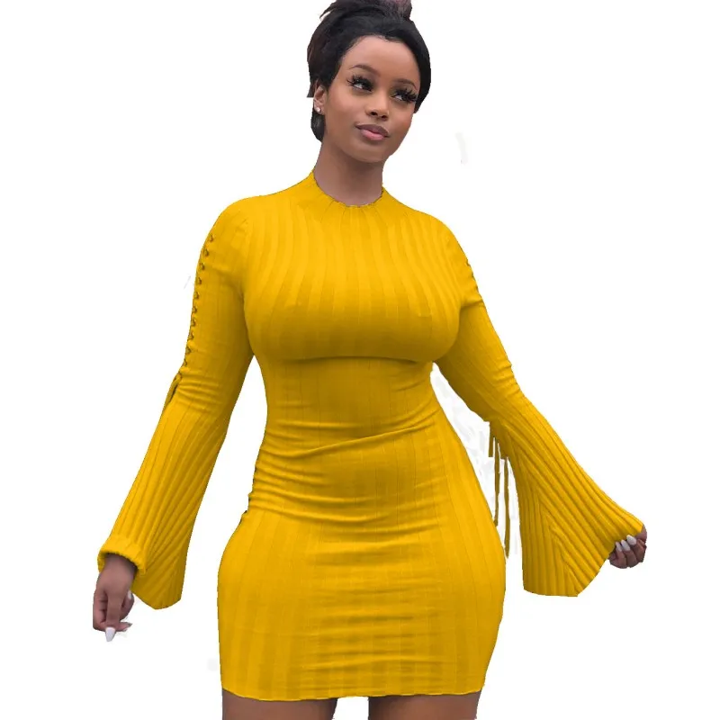 Осеннее новое платье женское мини с расклешенным длинным рукавом и круглым