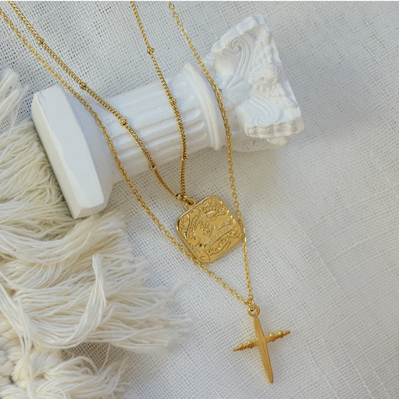

TOSOKO Stainless Steel Jewelry No.5 Square Pendant Necklace With Cross Multi-Layer Clavicle Chain For Women Fashion Chain BSP695