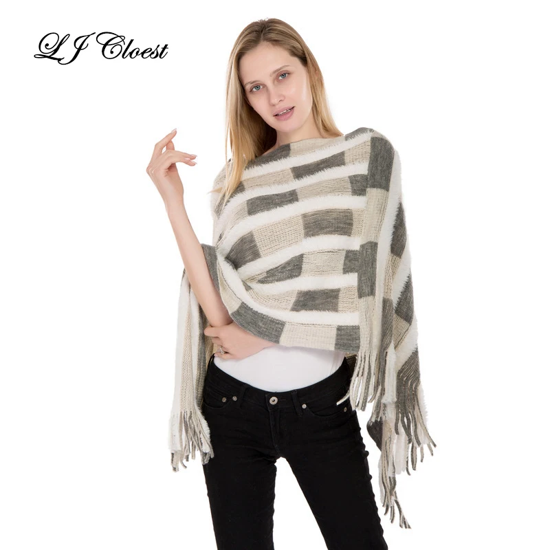 

Модная женская осенне-зимняя шаль из пашмины с кисточками полосатая клетчатая вязаная женская Праздничная Повседневная накидка-пончо