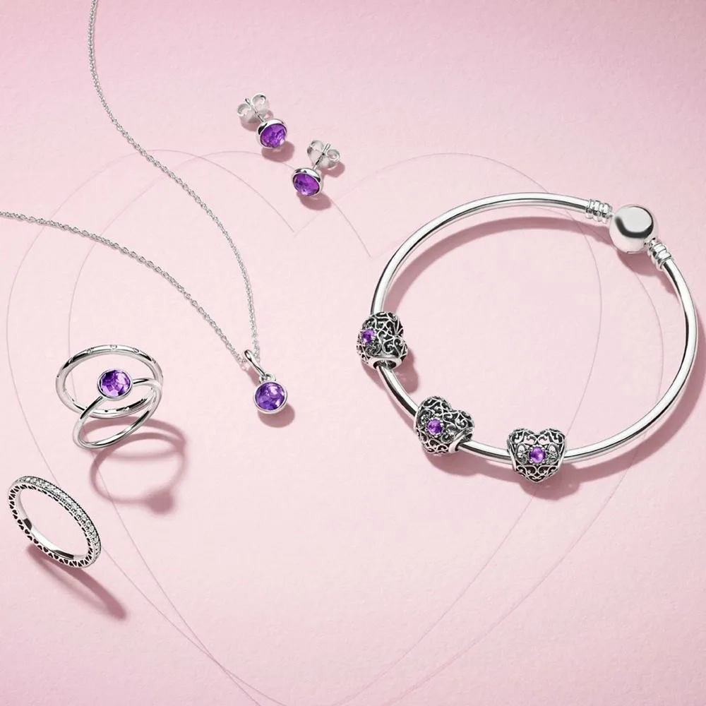 

FAHMI 100% 925 Sterling Silver 1:1 FEBRUARY SIGNATURE HEART BIRTHSTONE CHARM DROPLET PENDANT EARRING Ring Bracelet Necklace Set