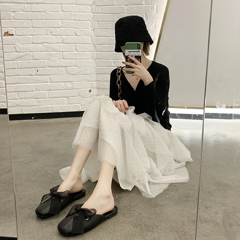 Мюли женские с квадратным носком шлепанцы на плоской подошве бант лента мягкая